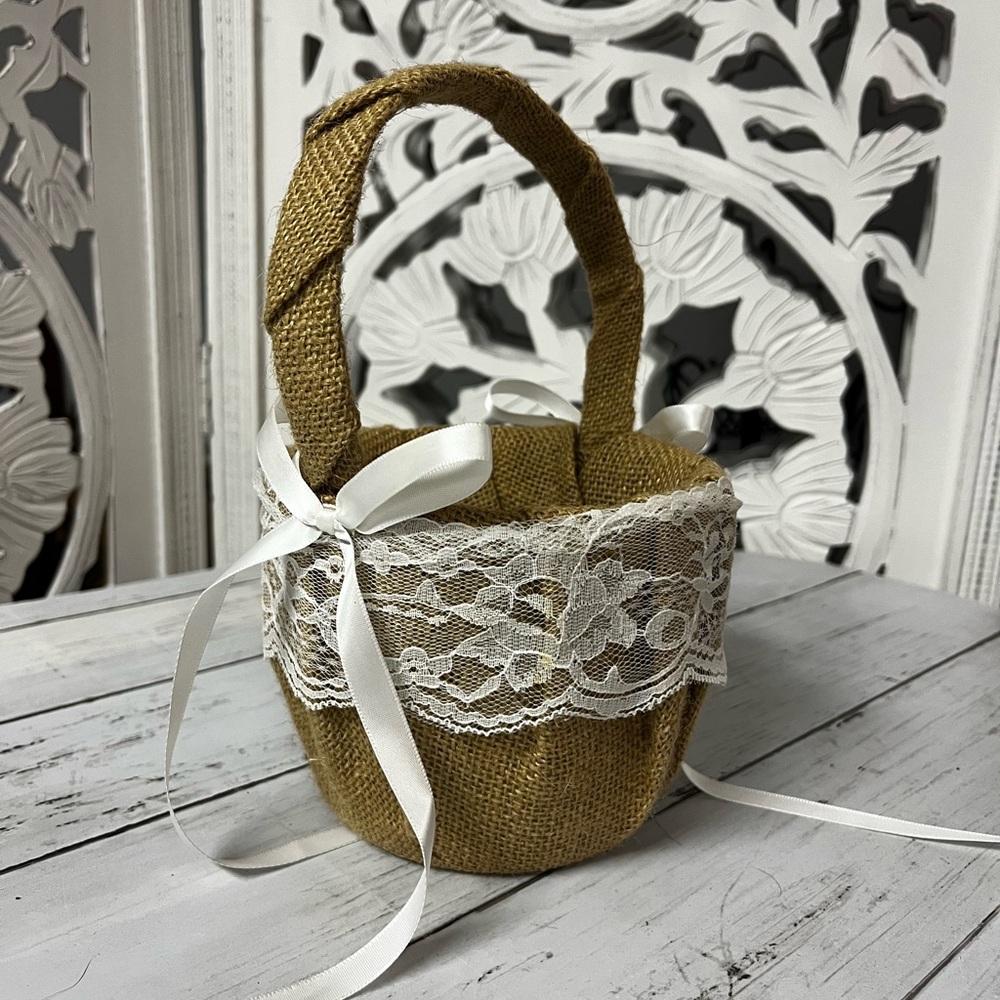 Wedding Ceremony Flower Girl Basket Burlap & Lace, Rustic Farmhouse Wedding